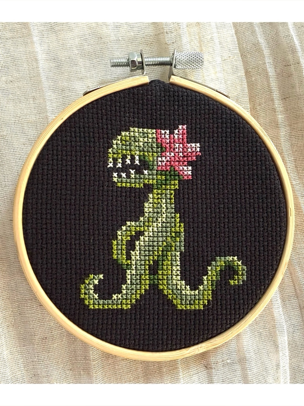 Handmade Cross Stitched Garden Monster Ornament/Wall Art - Green w/ Pink Flower